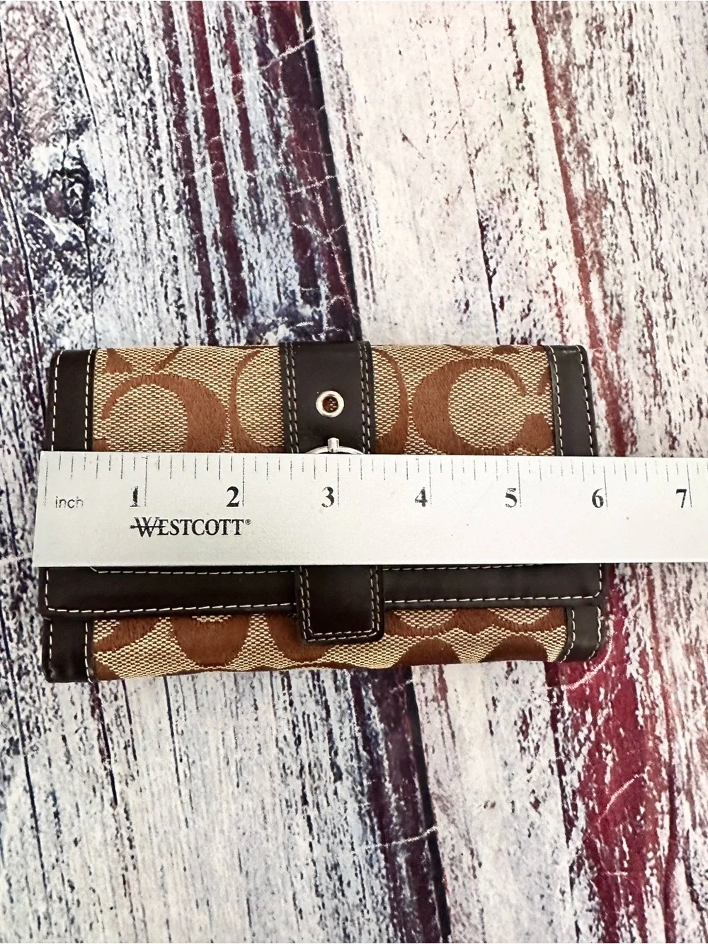 Coach Signature Pattern Buckle Continental Wallet in Brown